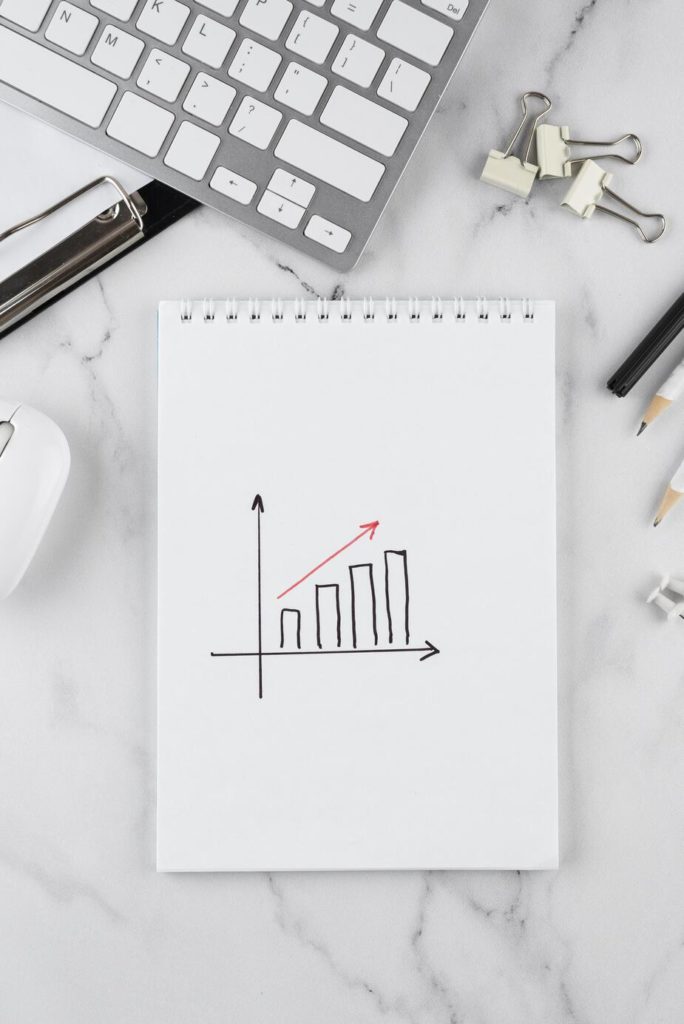 composicao grafica de naturezas mortas com um bloco de notas com um gráfico desenhado, potencial financeiro