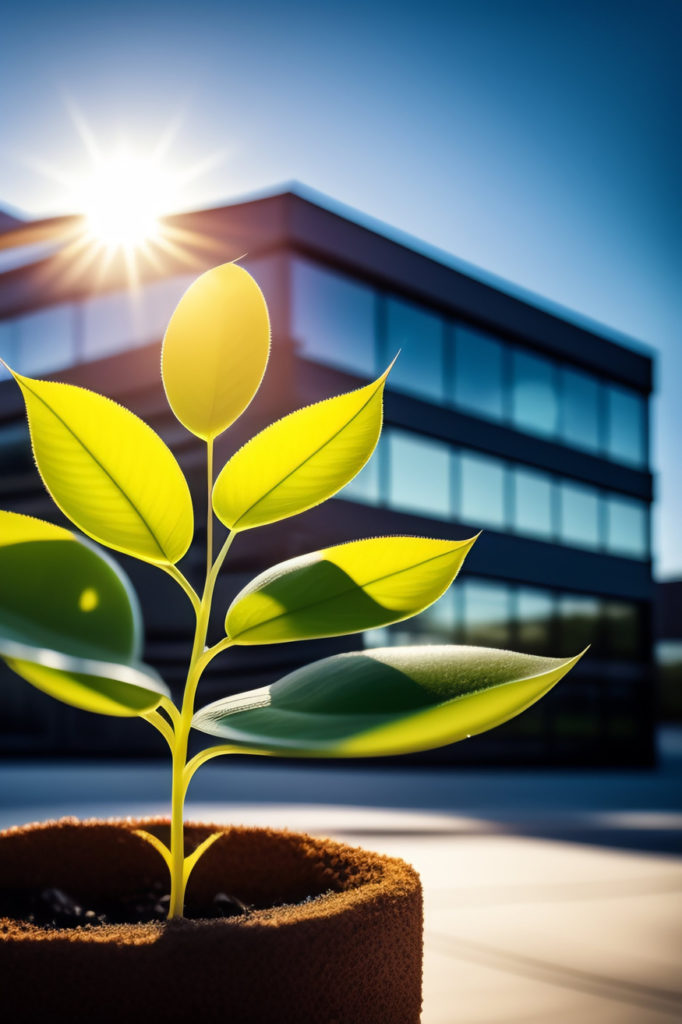 uma planta na frente de um predio com o sol brilhando sobre ela, finanças sustentáveis