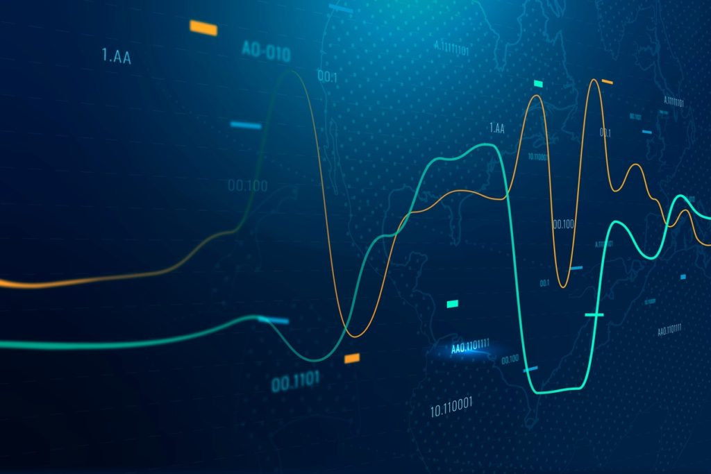 Fundo azul com vários dados e estatísticas financeiras