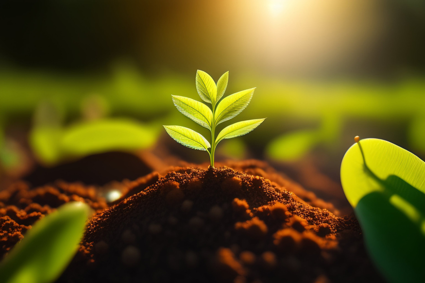 uma planta crescendo no solo com o sol brilhando sobre ela, sustentabilidade