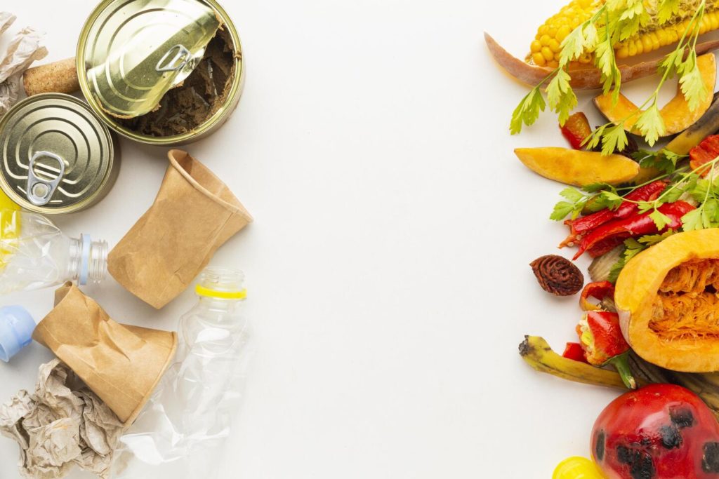 arranjo de sobras de latas de comida e vegetais desperdicados