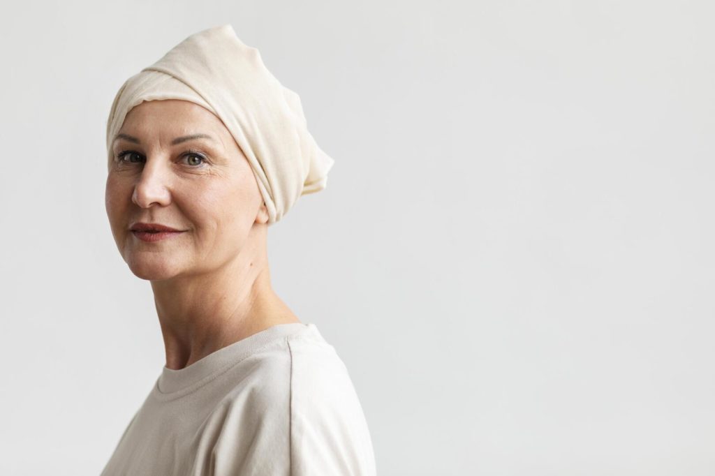 retrato de mulher de meia idade com cancer de pele