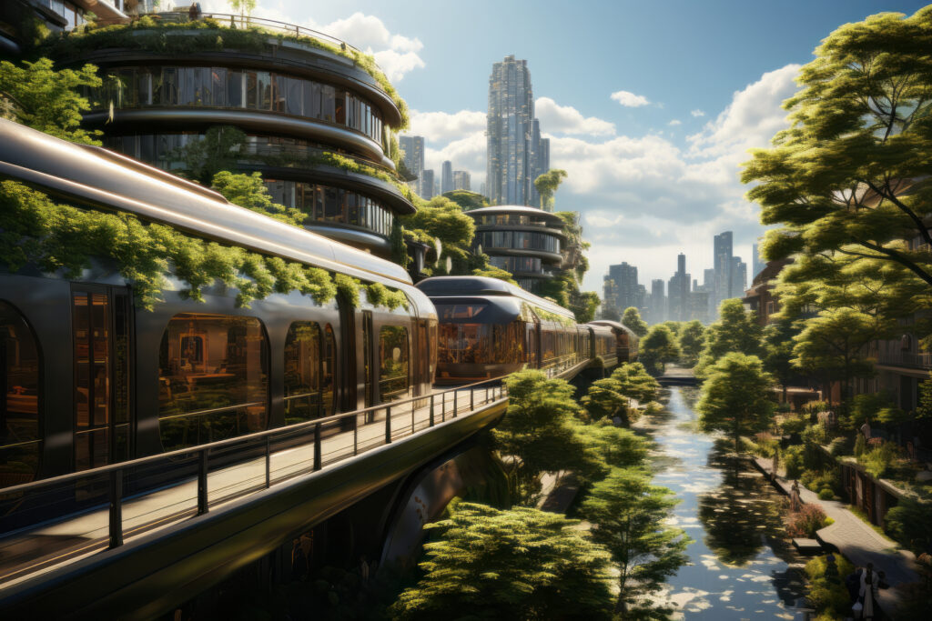 Estação de trem super moderna em cidade futurista e natural